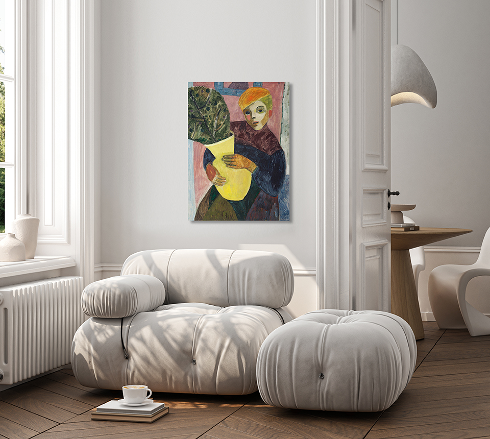 Ein buntes expressionistisches Bild von einem Harlekin, der einen Pflanzkübel im Arm hält